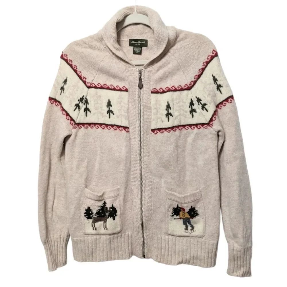 EDDIE BAUER 100% Lambswool Intarsia Graphic Knit Ski Cardigan M